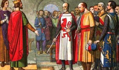 King Henry III, dressed in a red robe and crown, stands facing a group of barons, including Simon de Montfort, in a historical setting, likely depicting a scene related to the Magna Carta