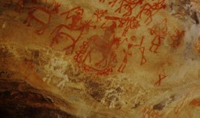 Prehistoric rock paintings found at the Bhimbetka Rock Shelters in Madhya Pradesh, India