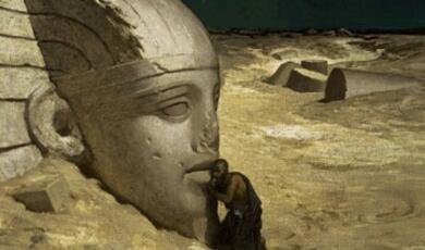 Man listening at mouth of half buried stone sphinx