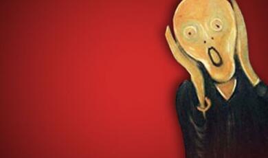 Figure from "The Scream" by Edvard Munch, against red background