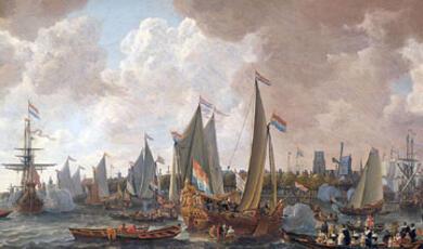 Painting of busy harbour: Arrival of Charles II, in Rotterdam, 1660