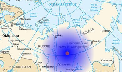 Map of Russia showing blue blast zone over Tunguska