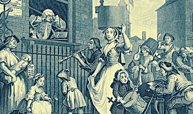 The Enraged Musician engraving byWilliam Hogarth which depicts a violinist driven to distraction by street traffic and musicians outside his window.