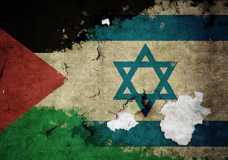 an illustration of Israel and Palestine flags merging