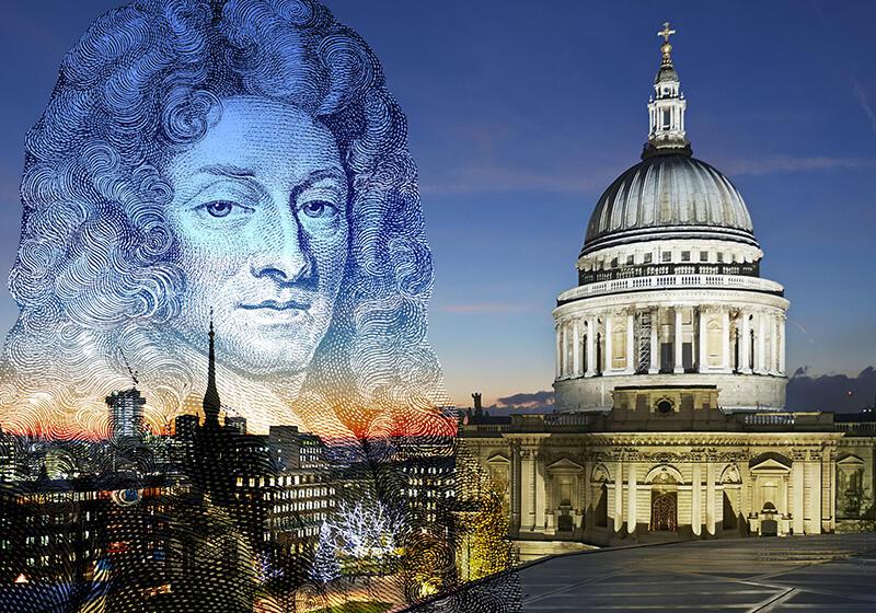 Sir Christopher Wren against St Pauls Cathedral backdrop