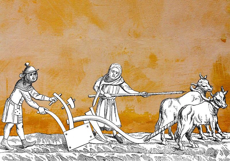 medieval figures with plough overlaid on a orange background