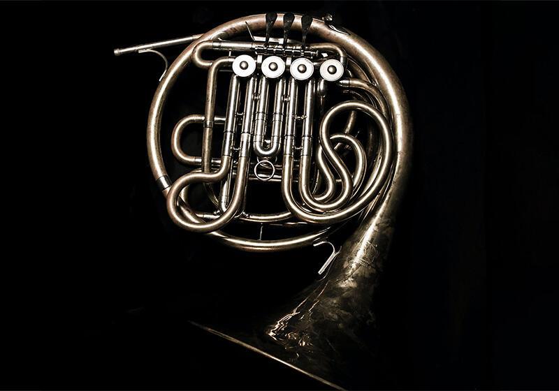 French horn on black background