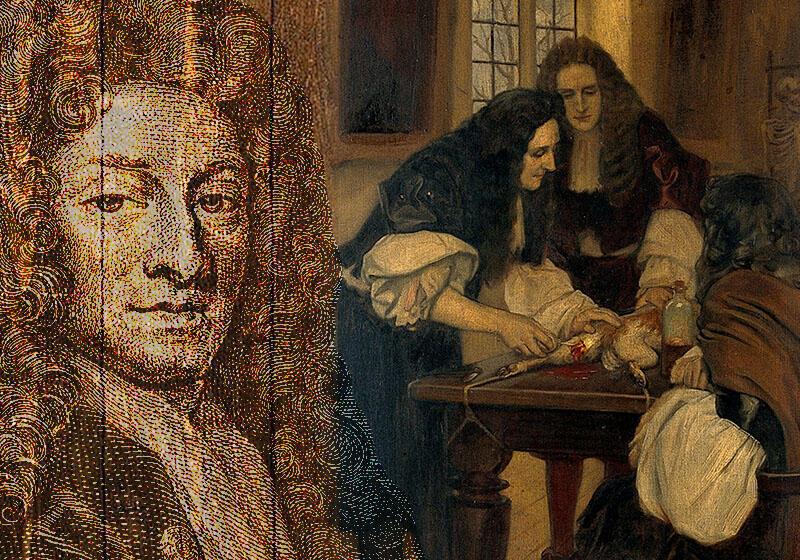 an image of Sir Christopher Wren with a surgery scene during the 17th century
