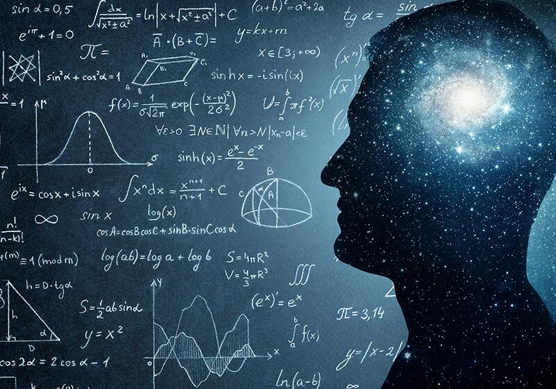 Male head filled with galaxy and stars surrounded by mathematical doodles