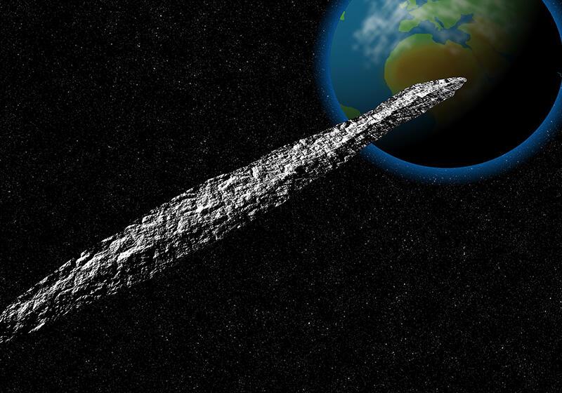 Long, flat asteroid-like object against backdrop of space and planet earth