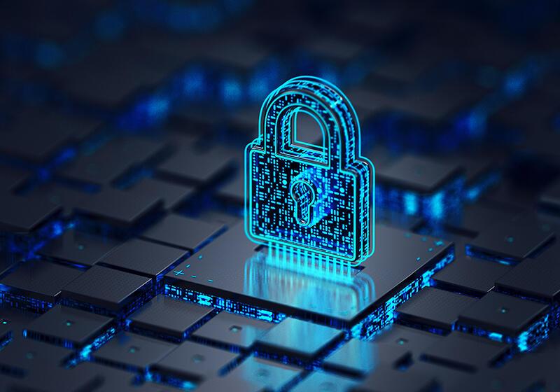 a cgi image of a padlock on computer chips