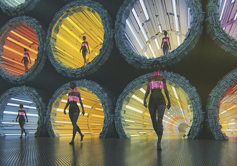 futuristic cyborgs walking through tunnels
