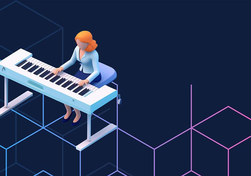 a cartoon graphic of a woman playing a keyboard
