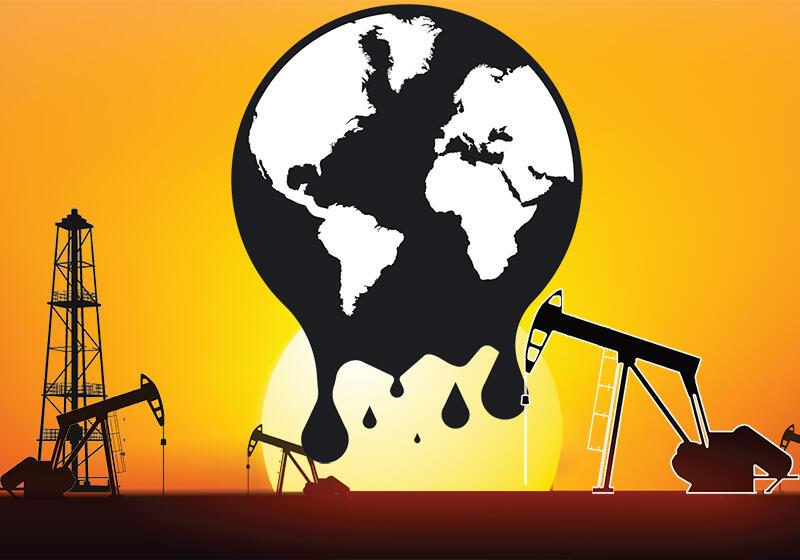 Meting globe icon behin silhouette of oil field