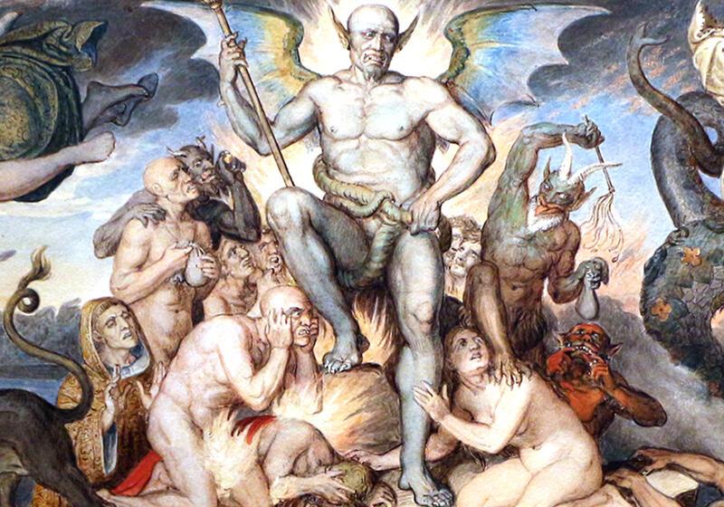 Fresco depicting Dante's Inferno, Demonic figure with wings stands over tormented souls in a hellish scene