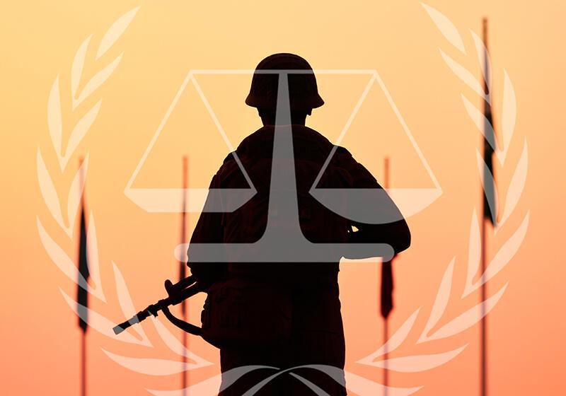 Silhouette of a soldier holding a weapon against a sunset with flags in the background