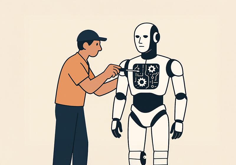 Man repairing a humanoid robot