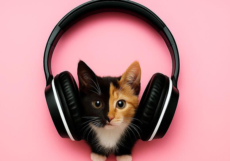 A two-toned kitten with black and orange fur on its face, wearing oversized black headphones against a pink background