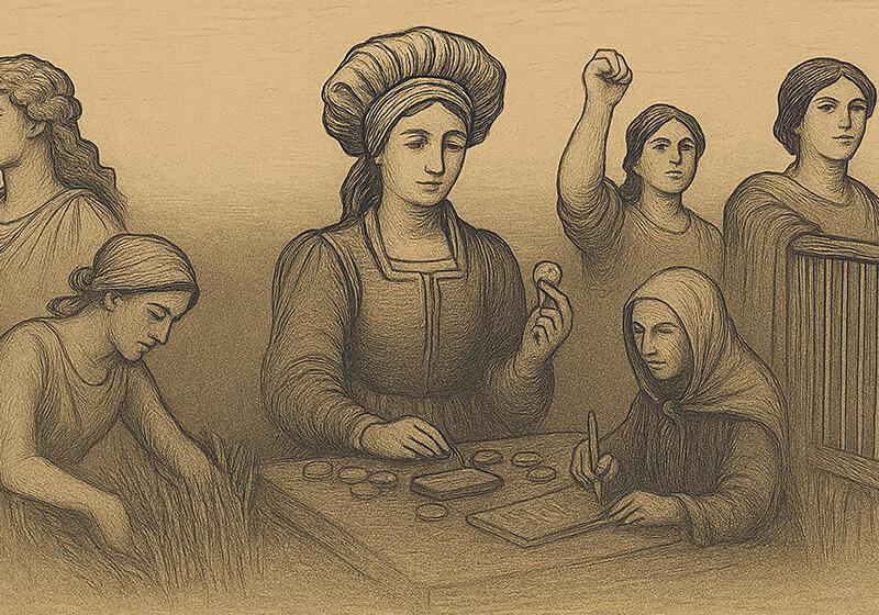 Drawing of women in historical attire, some working, one holding a coin