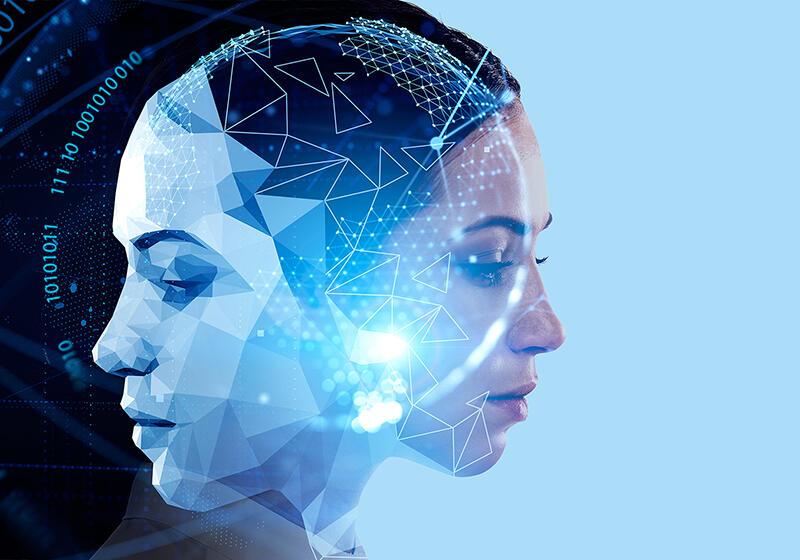Human head with a digital overlay representing artificial intelligence