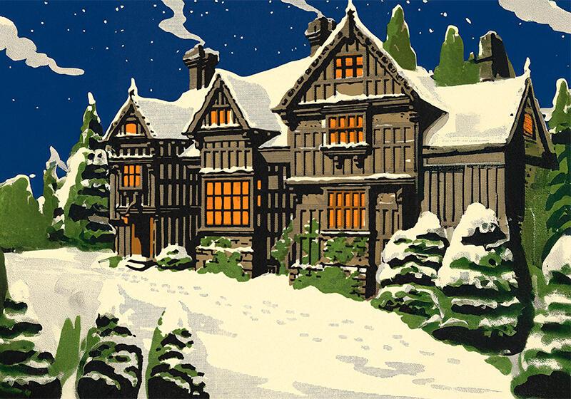 Painted image of a tudor house in snow