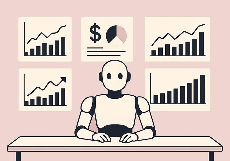 Robot at a desk surrounded by financial charts and graphs
