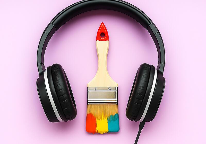 Black over-ear headphones with a paint brush featuring a red, yellow, and blue tip positioned beneath them on a pink background