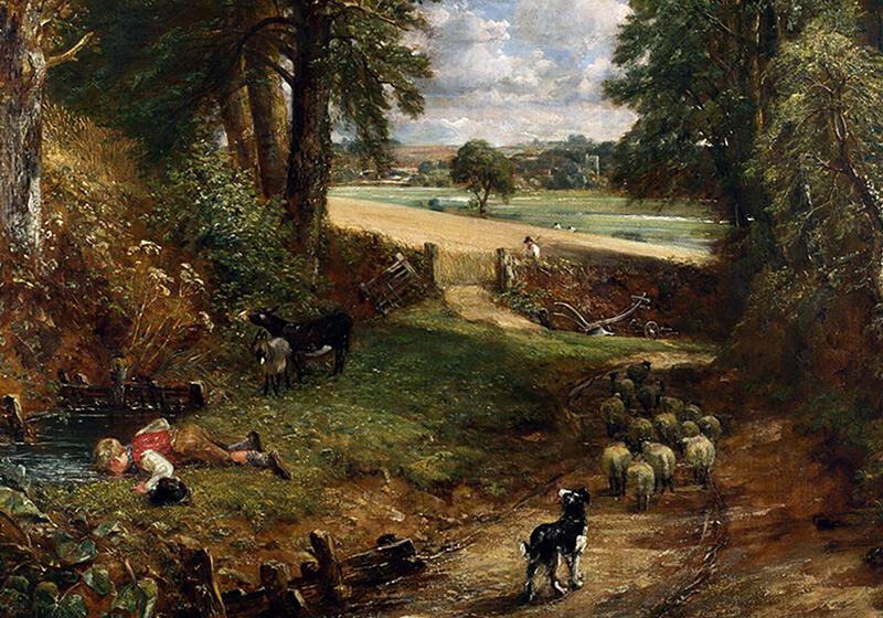 An oil painting titled 'The Cornfield' by John Constable, depicting a pastoral English landscape