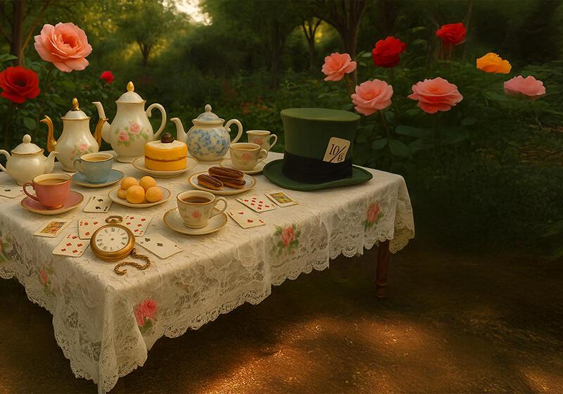 A whimsical tea party scene with floating roses and a Mad Hatter's hat