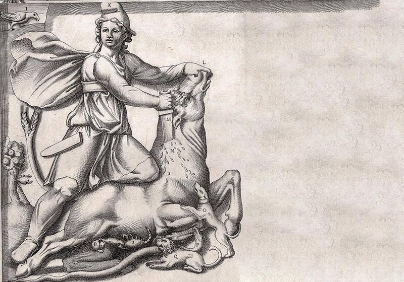 An engraving depicting Mithras slaying the bull