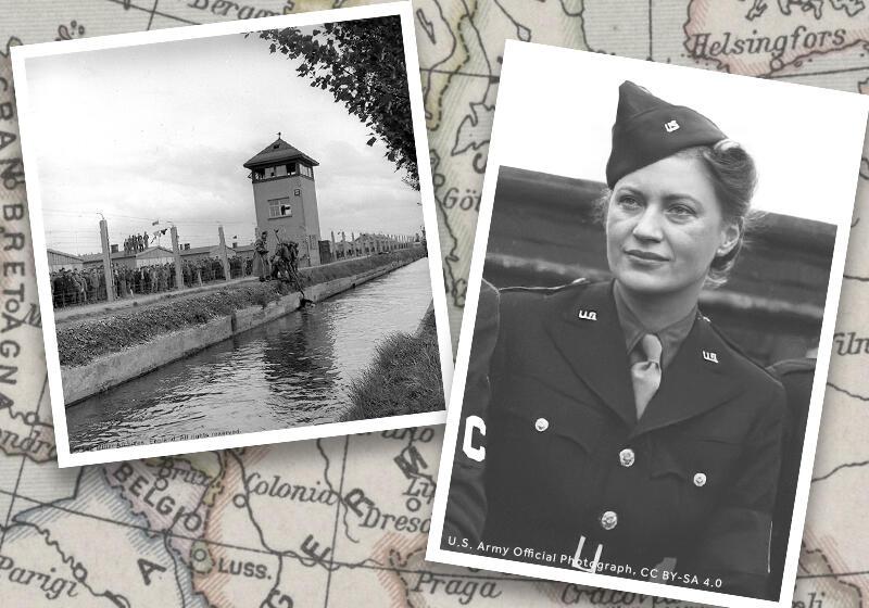 Photo of Lee Miller in army uniform, plus picture she took of a Dead guard in canal, Dachau, Germany
