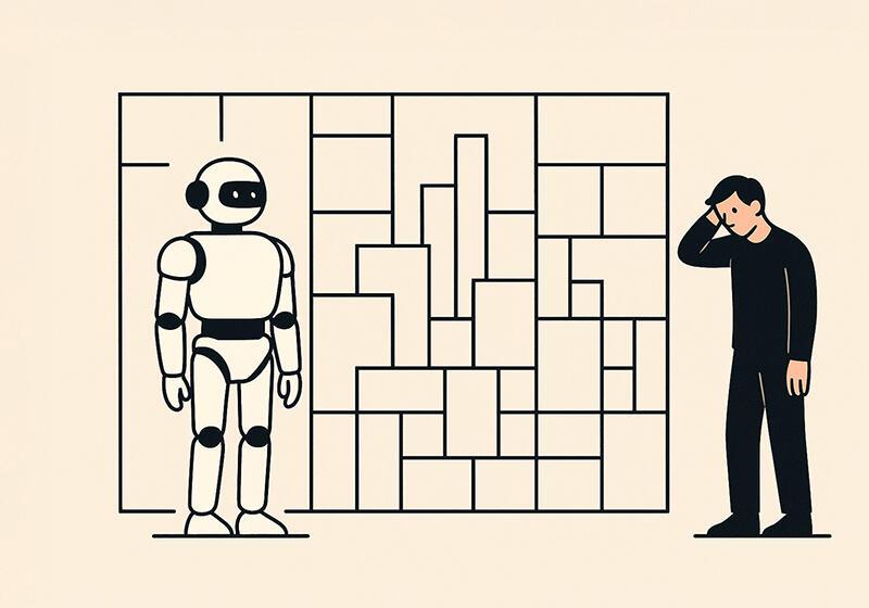 A robot and a man stand in front of a complex, grid-like structure