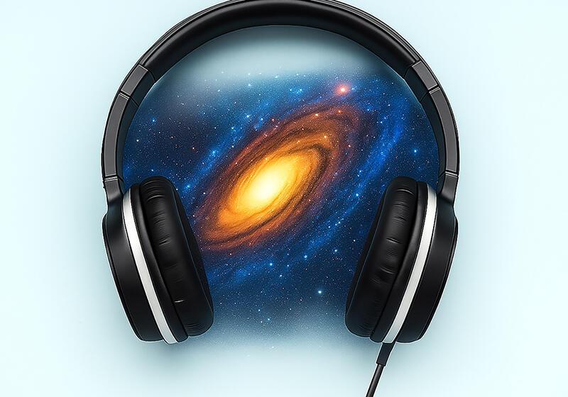 Black over-ear headphones with a galaxy image inside the earcups