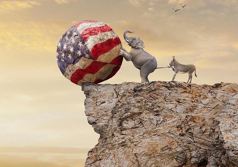 Elephant trying to roll ball colours with USA flag off cliff while donkey tries to stop him