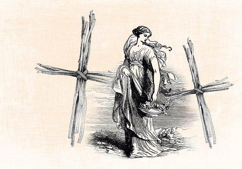 A black and white drawing of a woman in a flowing dress, holding flowers, standing between two large, rough crosses made of tied branches