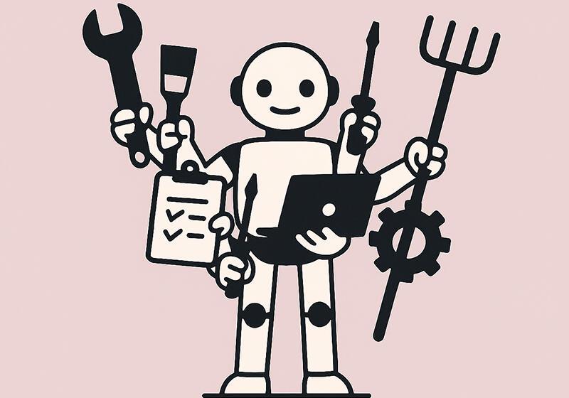 Robot holding various tools and a laptop