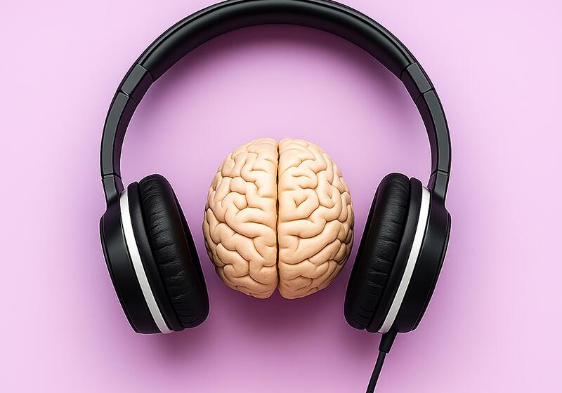 A human brain model positioned between a pair of black over-ear headphones, all set against a pink background