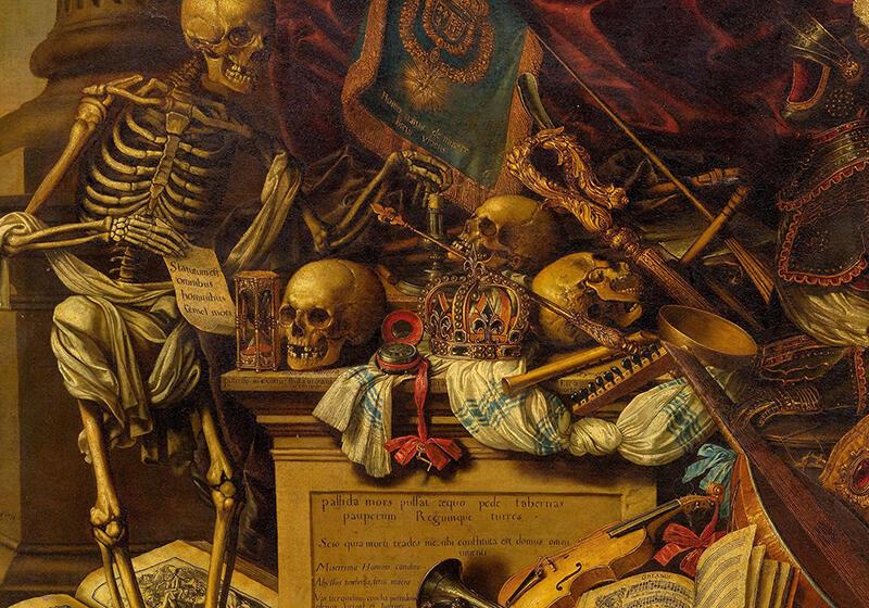 A detailed still life painting titled "Memento Mori" by Carstian Luyckx