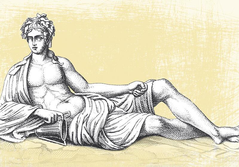 Illustration of a reclining classical figure with draped cloth and a lyre