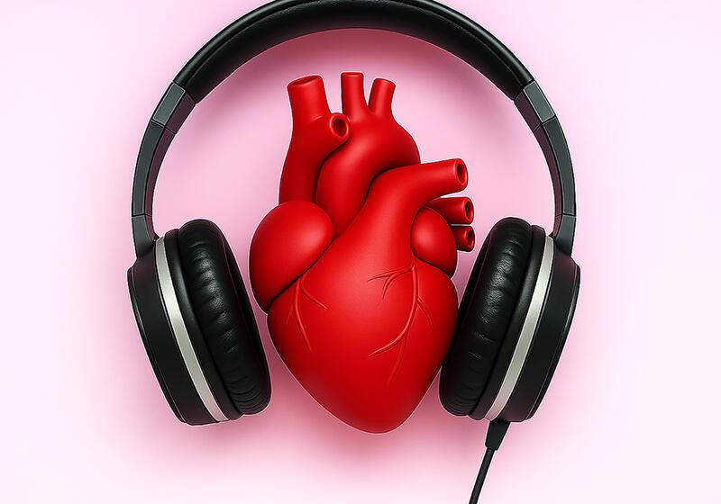 A red anatomical heart model wearing black over-ear headphones on a pink background