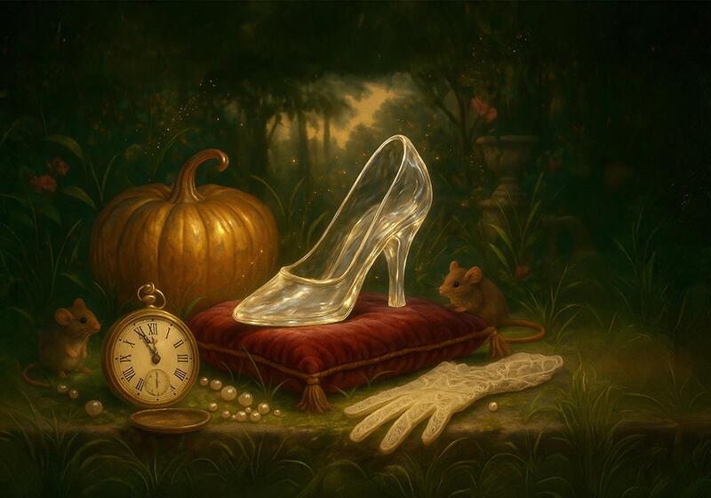 A glass slipper on a red cushion, a pumpkin, a clock, pearls, a lace glove, and two mice in a dark, whimsical setting