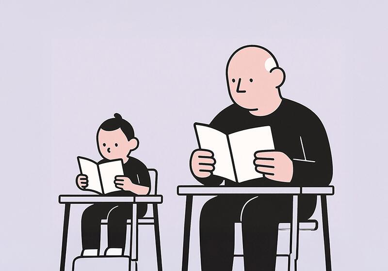 A child and an adult sit at desks reading books