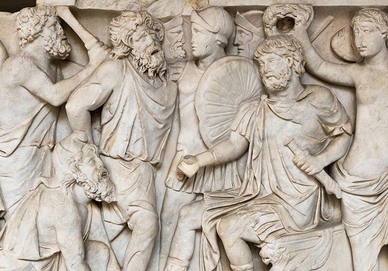 Roman marble relief depicting figures in Classical antiquity