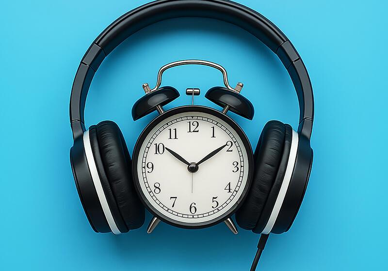 A black alarm clock with headphones on a blue background