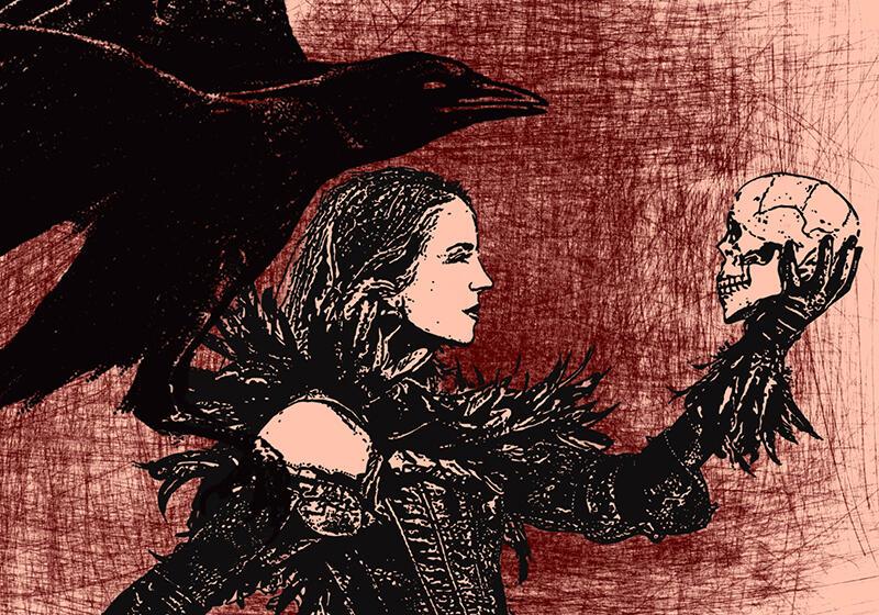 A woman in dark attire with a feathered collar holds a skull, while a large black bird flies above her