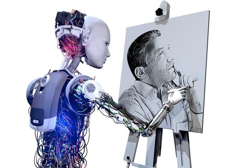A humanoid robot with exposed wires on its back and arm stands in profile, sketching a black-and-white portrait of a thinking man on a canvas resting on an easel