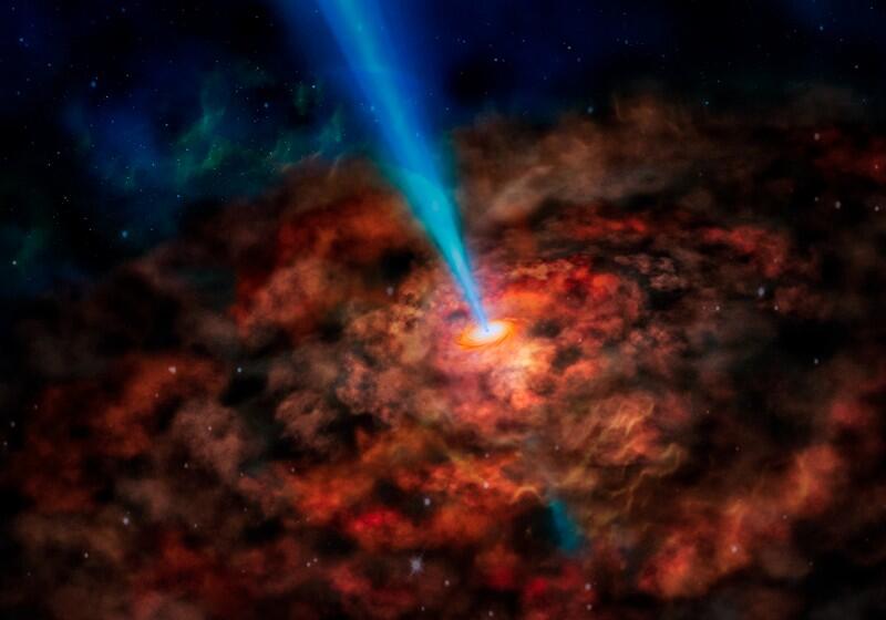 An artist's concept of a supermassive black hole at the center of a galaxy, surrounded by a swirling, orange and brown accretion disk of gas and dust. A powerful, bright blue jet of energy shoots upward from the black hole's core into the dark, star-speckled expanse of space