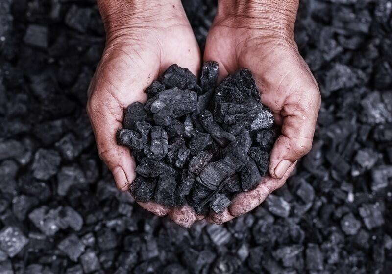 A close-up of dark charcoal held in human hands