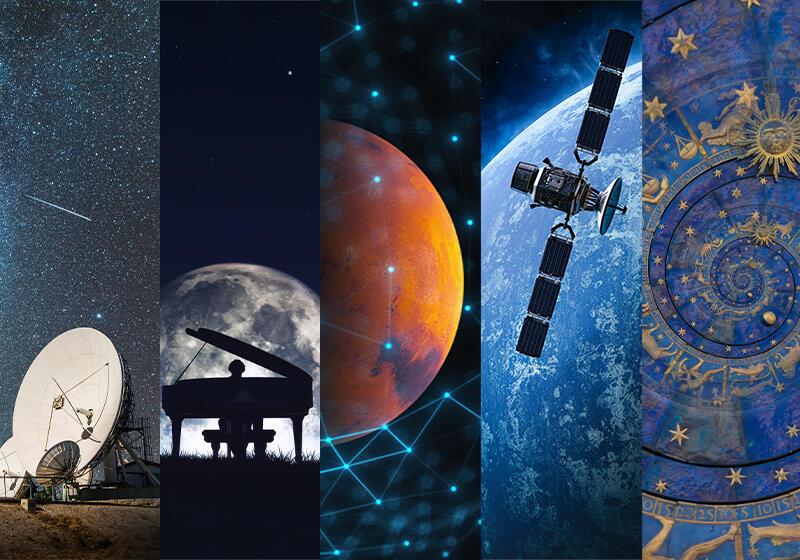 Five-panel collage featuring radio telescopes, moonlit piano, Mars, satellite, and zodiac artwork.