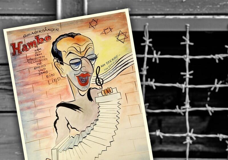 A colourful, hand-drawn caricature of a man playing an accordion is superimposed at an angle over a black-and-white background of a barbed-wire fence